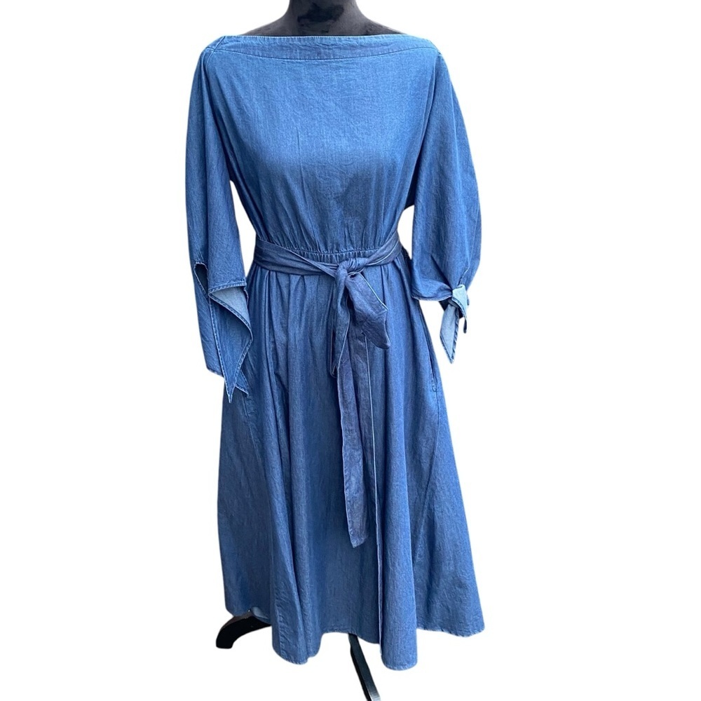 Boatneck Denim Midi Dress with Self-Tie Waist